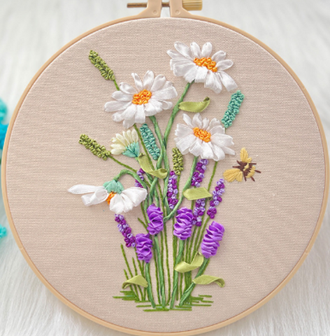 RIBBON EMBROIDERY HANGING PICTURE - A BASKET OF SPRING COLORS