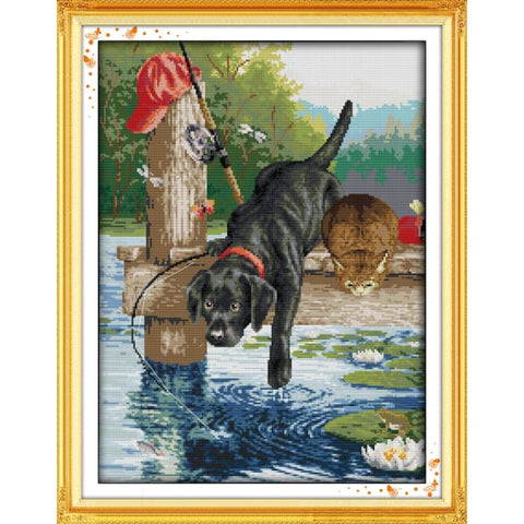 A dog fishing