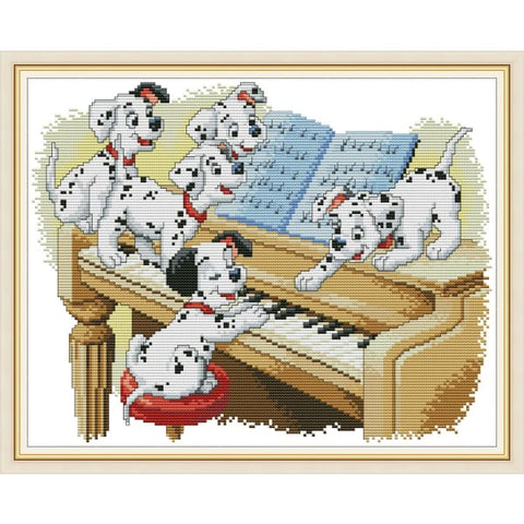 Five Dalmatians playing the piano